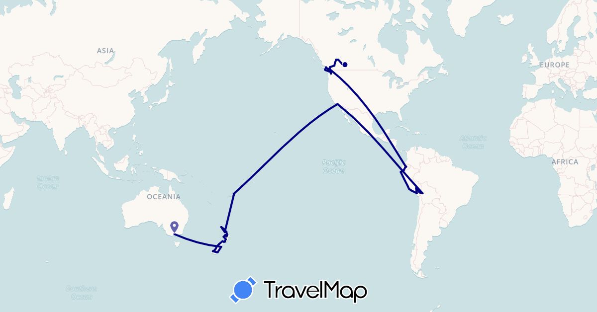 TravelMap itinerary: driving in Australia, Bolivia, Canada, Ecuador, Fiji, New Zealand, Peru, United States (North America, Oceania, South America)